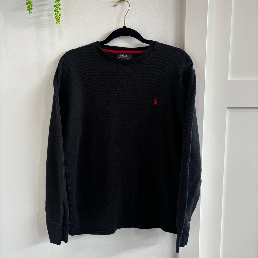 Polo Ralph Lauren Waffle Weave Men's Long Sleeve Black Shirt 100% Cotton Size L